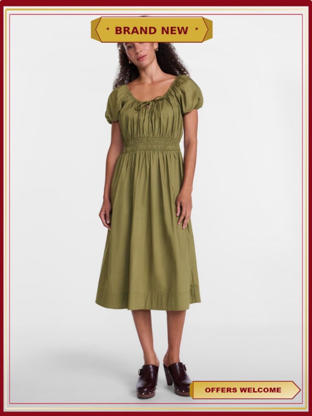 Smocked Waist Peasant Midi Dress with Puff Sleeves Scoop Neck